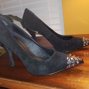 Black Suede Pumps with Silver-Spiked Toe